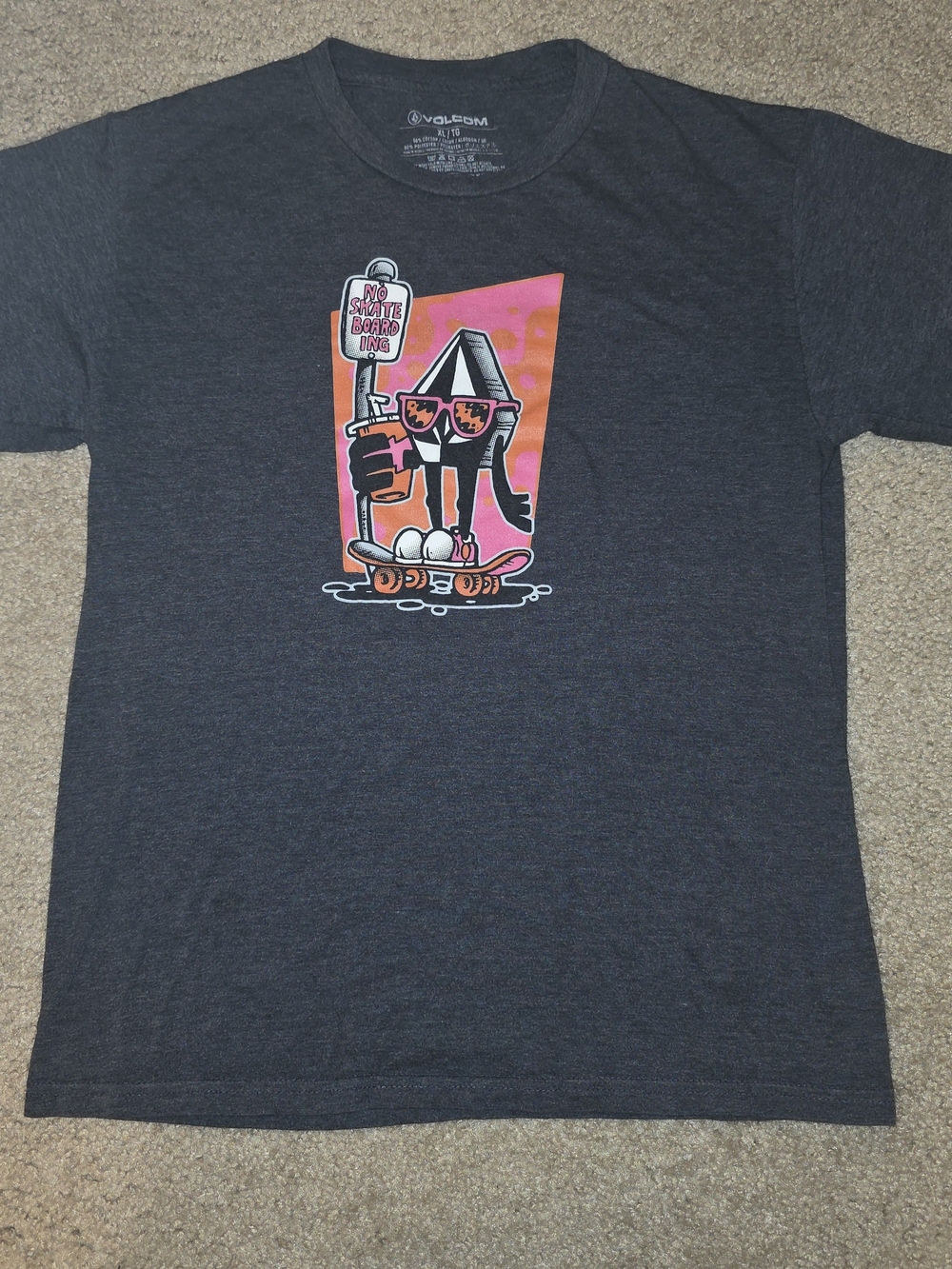 Volcom Stone Youth XL Skate T-Shirt Grey Heather 'No Skateboarding' Short Sleeve